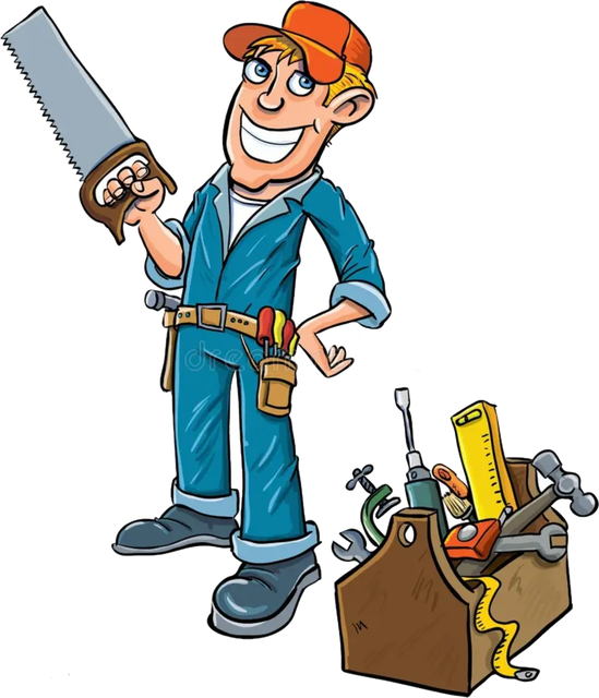 Cartoon handyman with saw and toolbox
